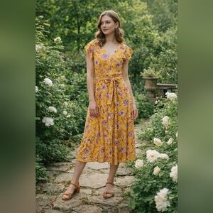 Alex Marie Yellow Floral Maxi with Tie Waist Sundress Boho Modest Cottage 6
